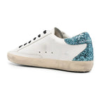 Golden Goose Super-Star White Leather Burgundy Star Blue Glitter Heel (W)
