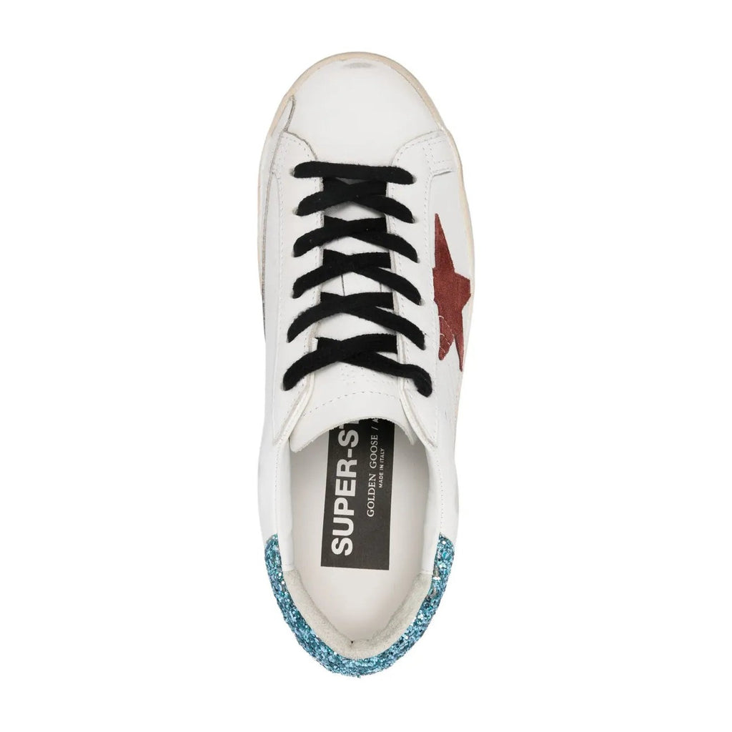 Golden Goose Super-Star White Leather Burgundy Star Blue Glitter Heel (W)