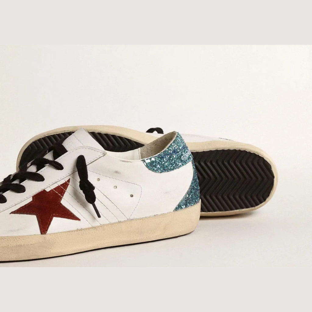 Golden Goose Super-Star White Leather Burgundy Star Blue Glitter Heel (W)