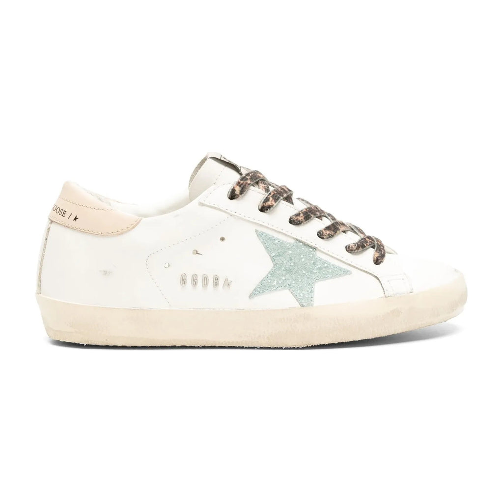 Golden Goose Super-Star White Leather Gray Glitter Star Nude Heel Leopard Laces (W)