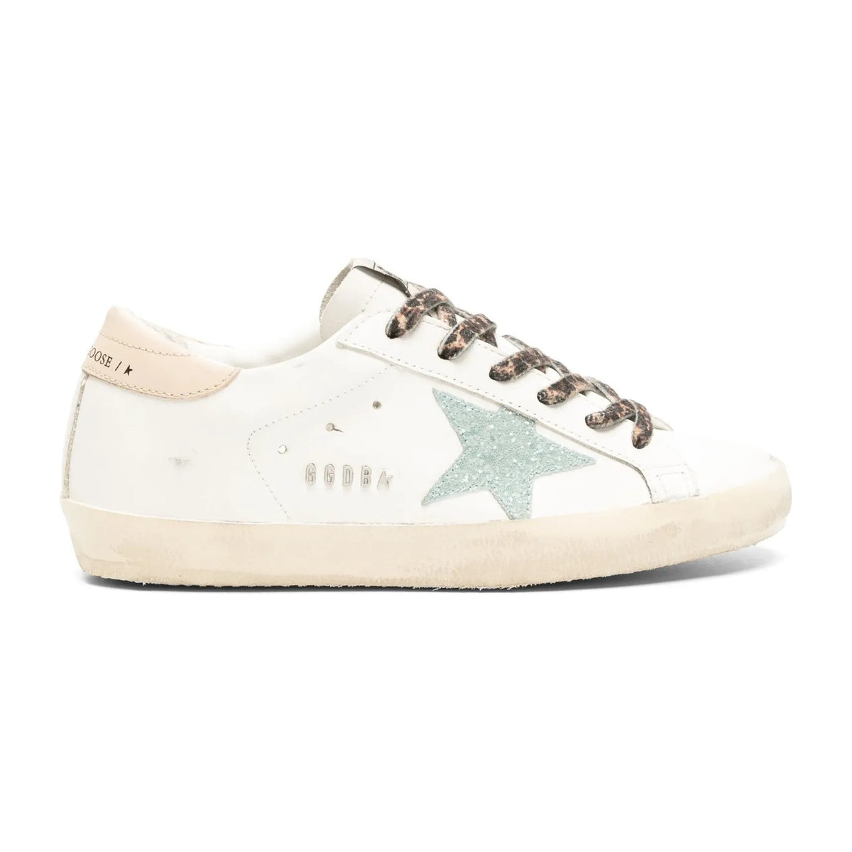Golden Goose Super-Star White Leather Gray Glitter Star Nude Heel Leopard Laces (W)