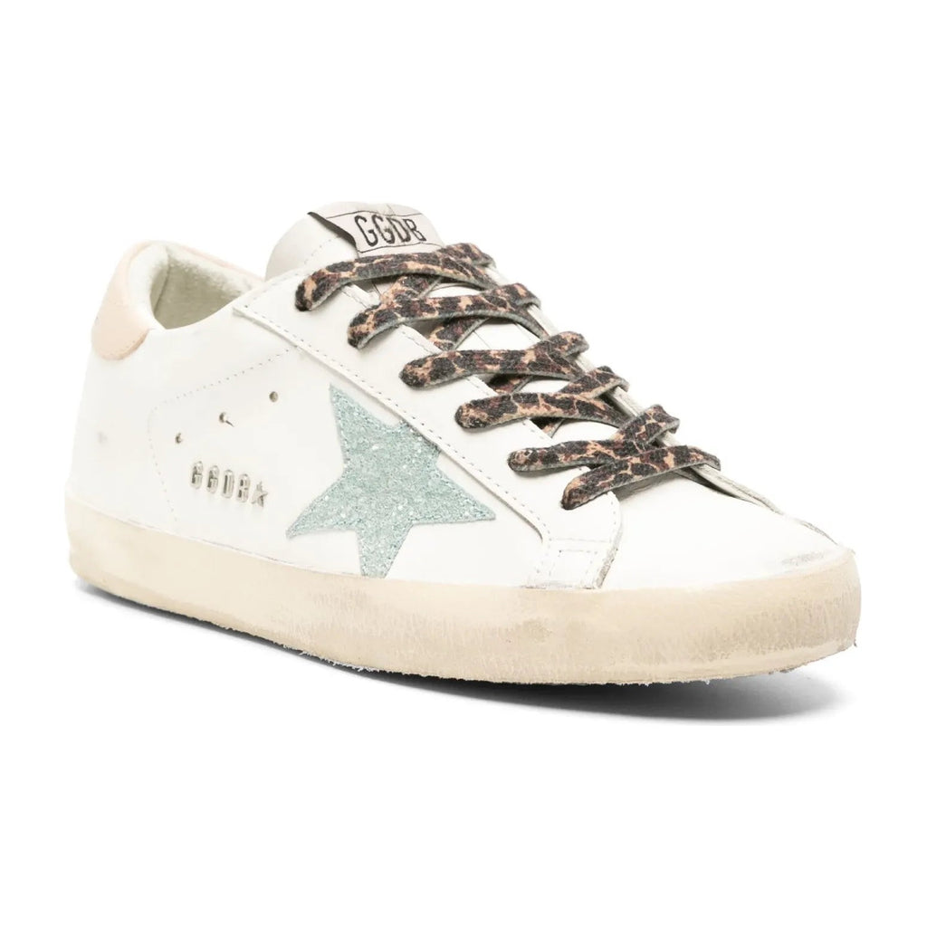 Golden Goose Super-Star White Leather Gray Glitter Star Nude Heel Leopard Laces (W)