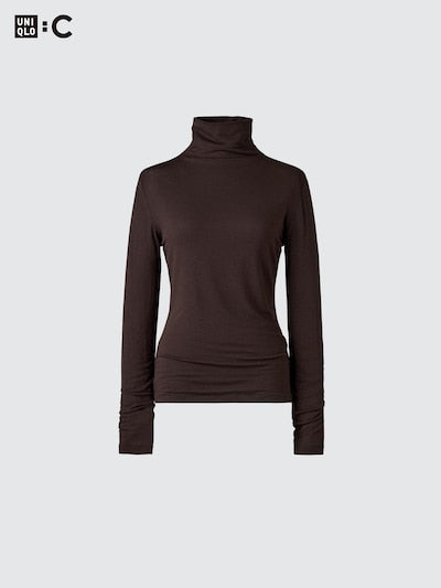 UNIQLO Women's HEATTECH Extra Warm Cashmere Blend Turtleneck T-Shirt - 38 DARK BROWN