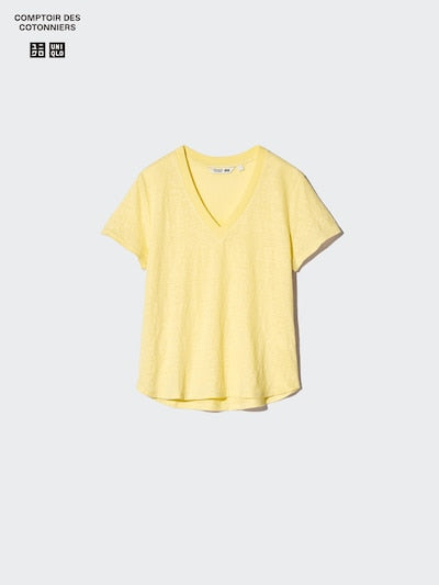 UNIQLO Women's 100% Linen V Neck T-Shirt - 61 BLUE