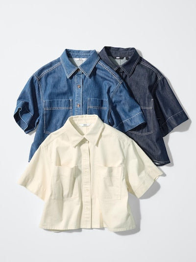 UNIQLO Women's Denim Boxy Shirt (Half Sleeve) - 65 BLUE