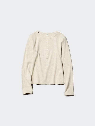 UNIQLO Unisex Ribbed Henley Neck Long Sleeve T-Shirt - 02 LIGHT GREY