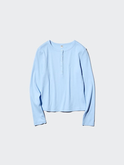 UNIQLO Ribbed Henley Neck Long Sleeve T-Shirt - 01 OFF WHITE