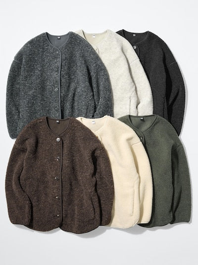 UNIQLO Pile Lined Fleece Relaxed Cardigan - 58 DARK GREEN