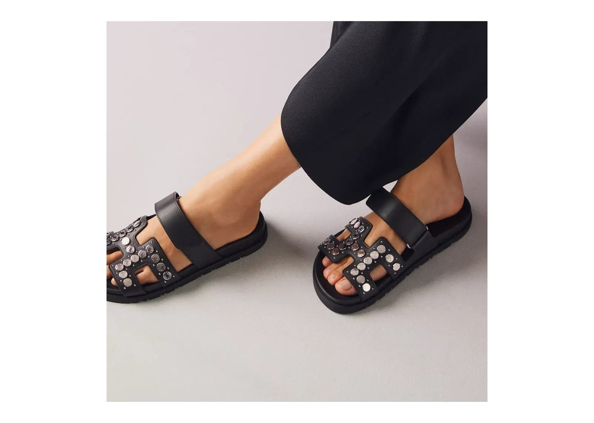 Hermes Chypre Sandal Noir Clou De Selle Calfskin Leather