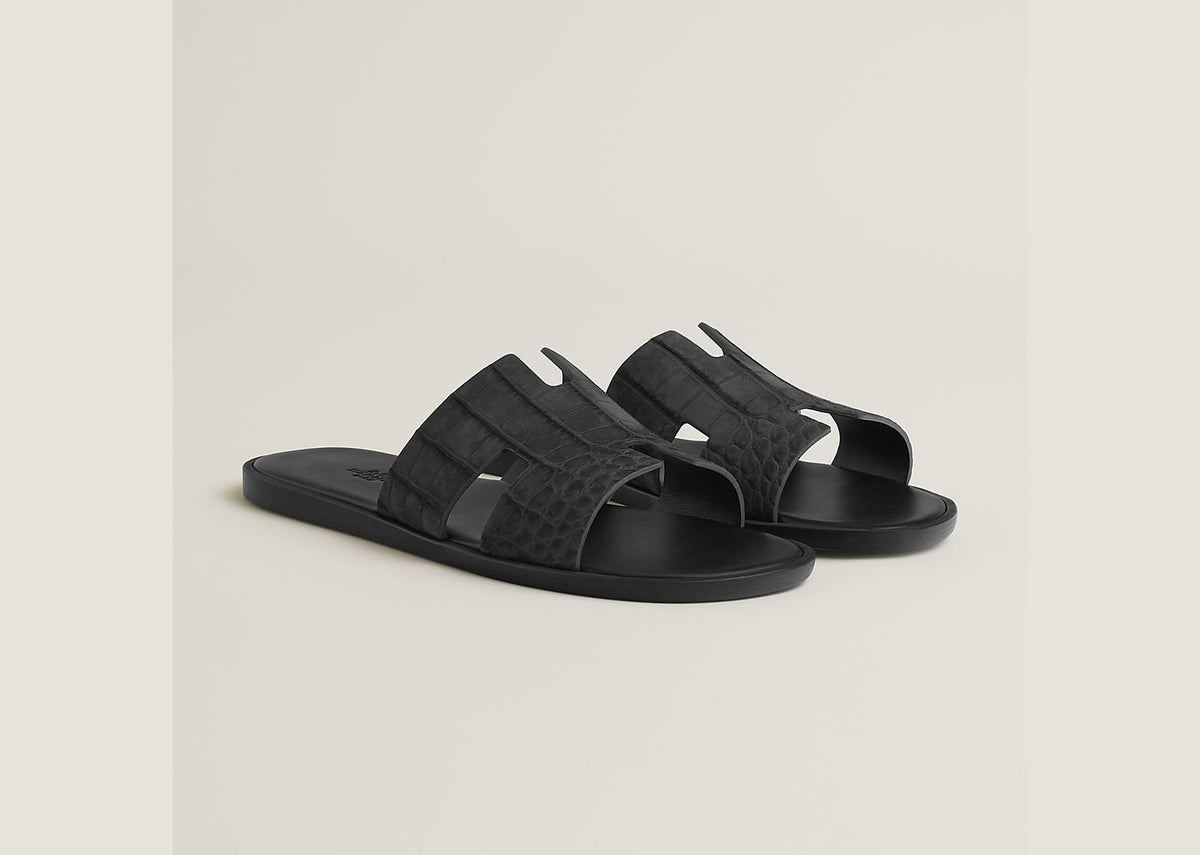 Hermes Izmir Sandal Gris Carbone Alligator Leather