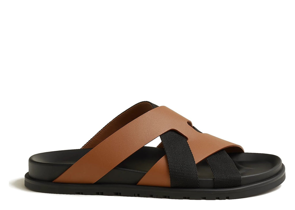 Hermes Kazimir Sandal Naturel Noir Woven Ribbon And Calfskin Leather