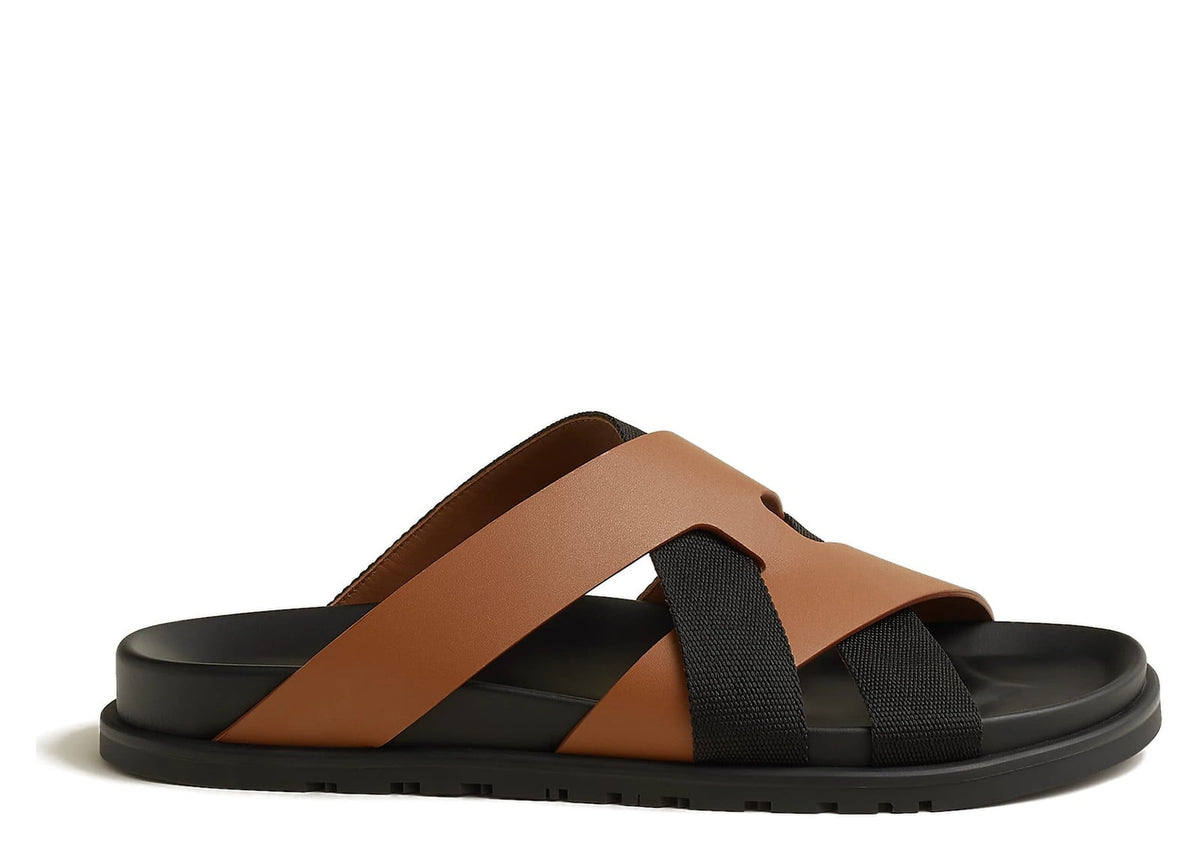 Hermes Kazimir Sandal Naturel Noir Woven Ribbon And Calfskin Leather