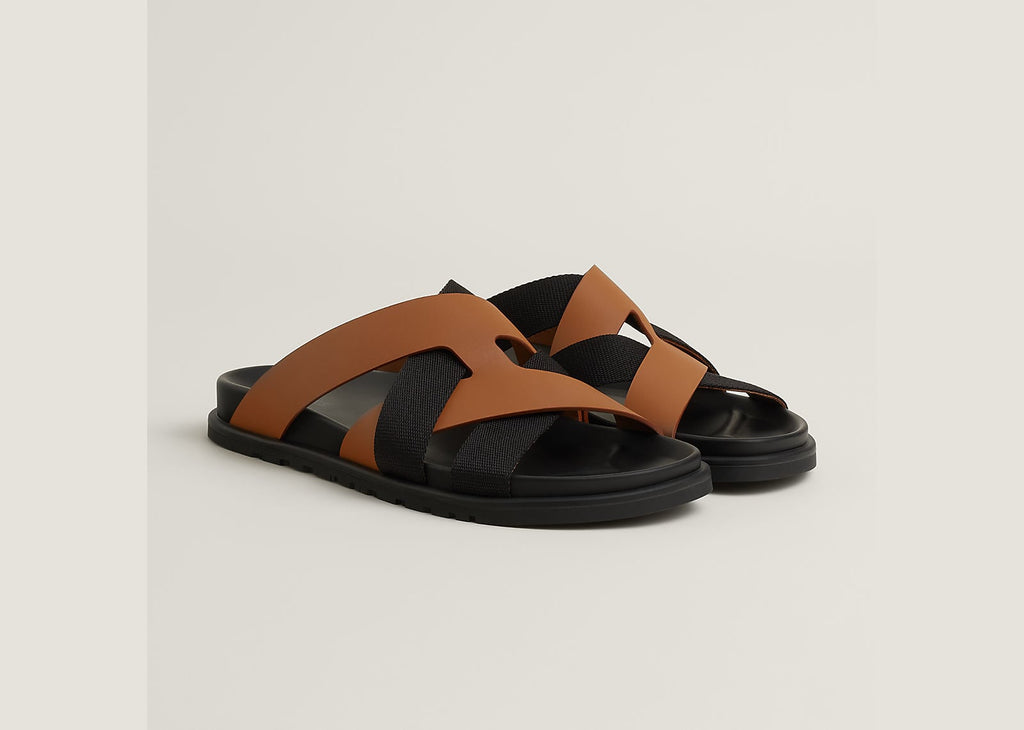Hermes Kazimir Sandal Naturel Noir Woven Ribbon And Calfskin Leather