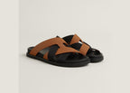 Hermes Kazimir Sandal Naturel Noir Woven Ribbon And Calfskin Leather