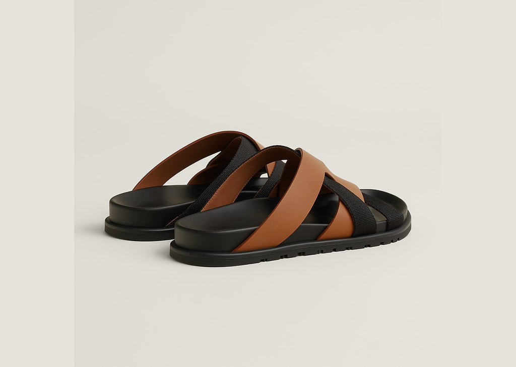 Hermes Kazimir Sandal Naturel Noir Woven Ribbon And Calfskin Leather