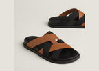 Hermes Kazimir Sandal Naturel Noir Woven Ribbon And Calfskin Leather
