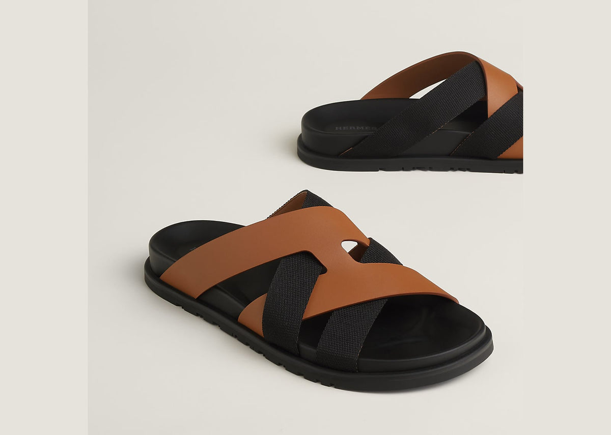Hermes Kazimir Sandal Naturel Noir Woven Ribbon And Calfskin Leather