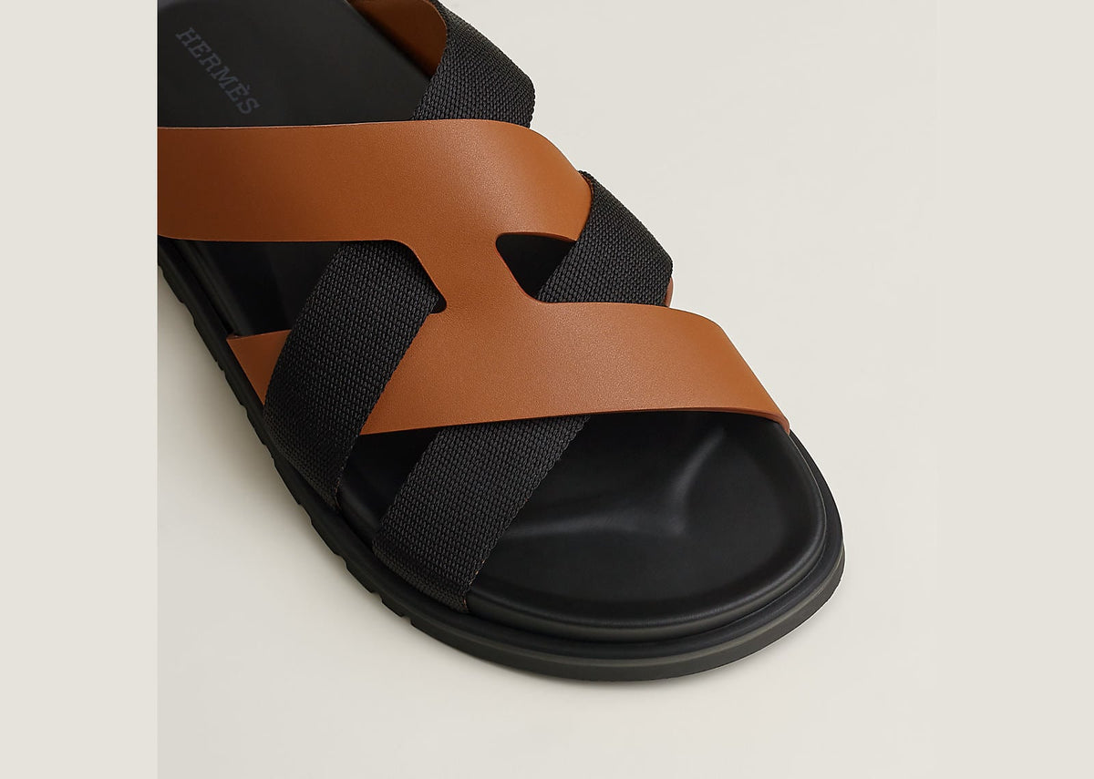 Hermes Kazimir Sandal Naturel Noir Woven Ribbon And Calfskin Leather