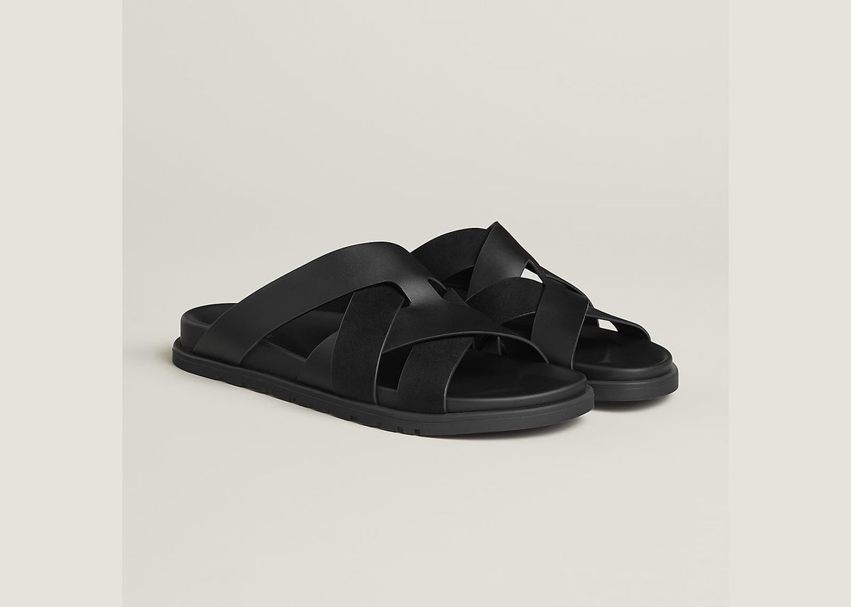 Hermes Kazimir Sandal Noir Calfskin And Suede Goatskin