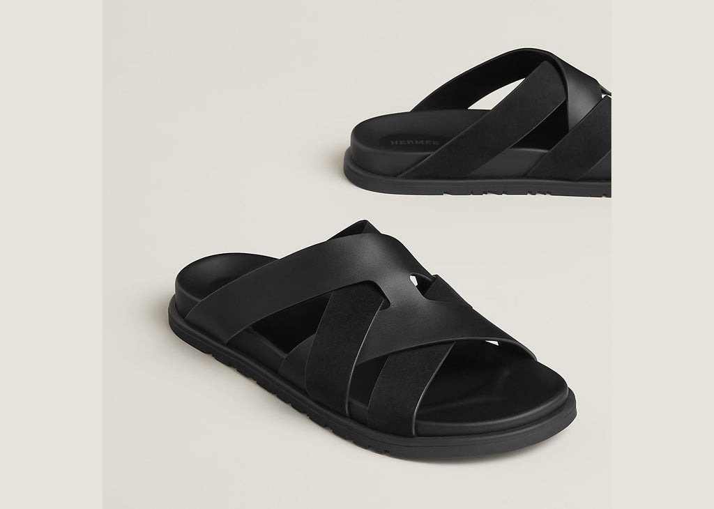 Hermes Kazimir Sandal Noir Calfskin And Suede Goatskin