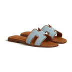 Hermes Oran Sandal Bleu Clair Box Denim And Nappa Leather