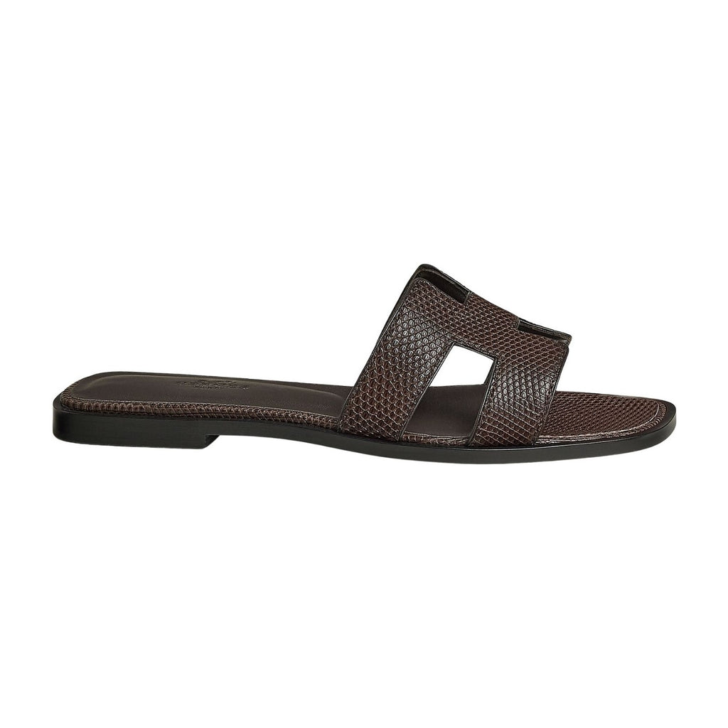 Hermes Oran Sandal Chocolat Box iguana Leather