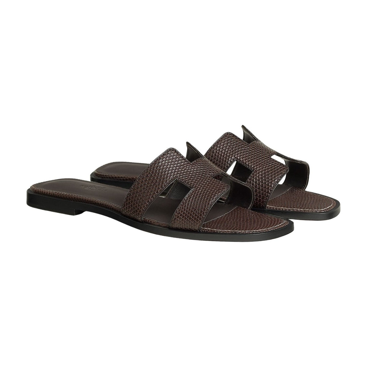 Hermes Oran Sandal Chocolat Box iguana Leather