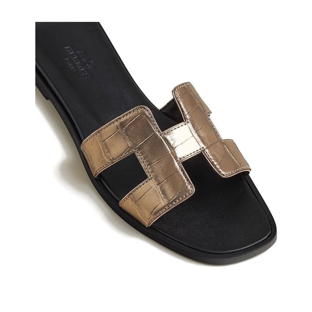 Hermes Oran Sandal Doré Foncé Box Alligator Leather