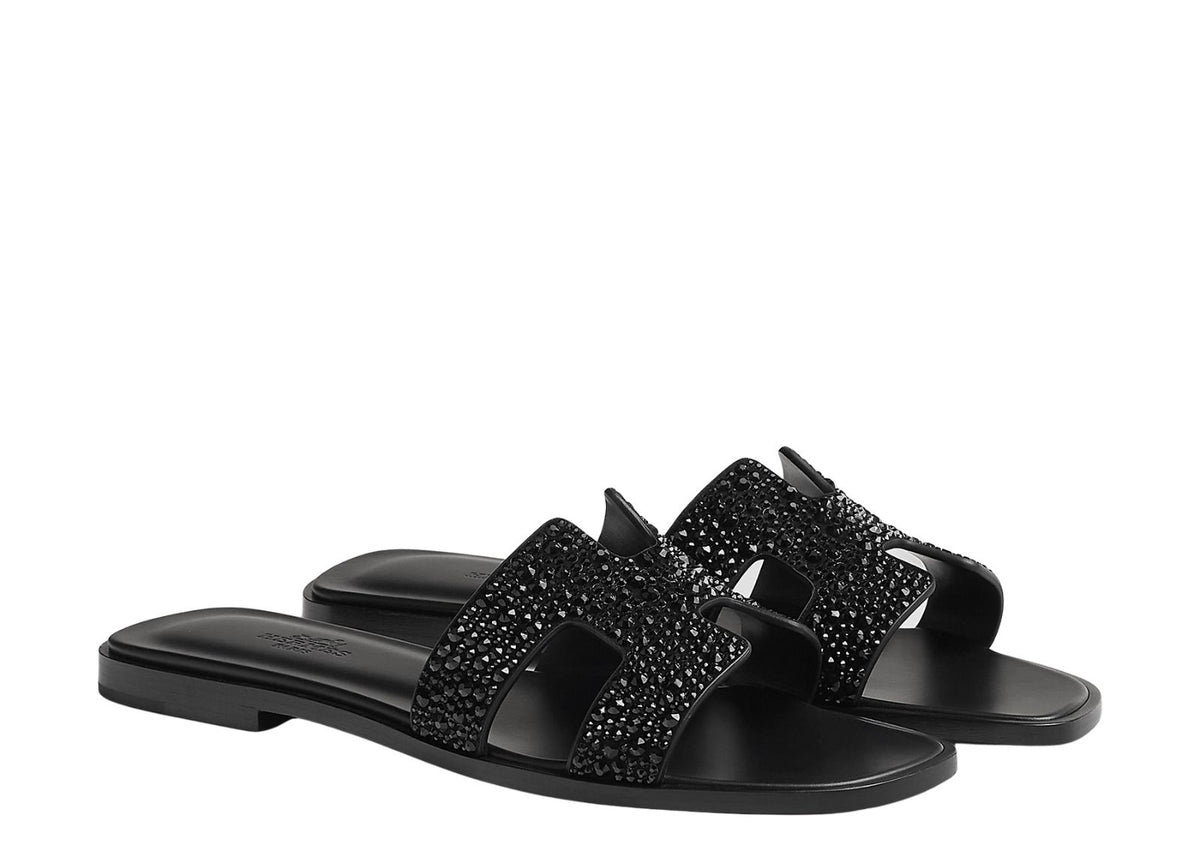 Hermes Oran Sandal Noir Box Goatskin With Rhinestone