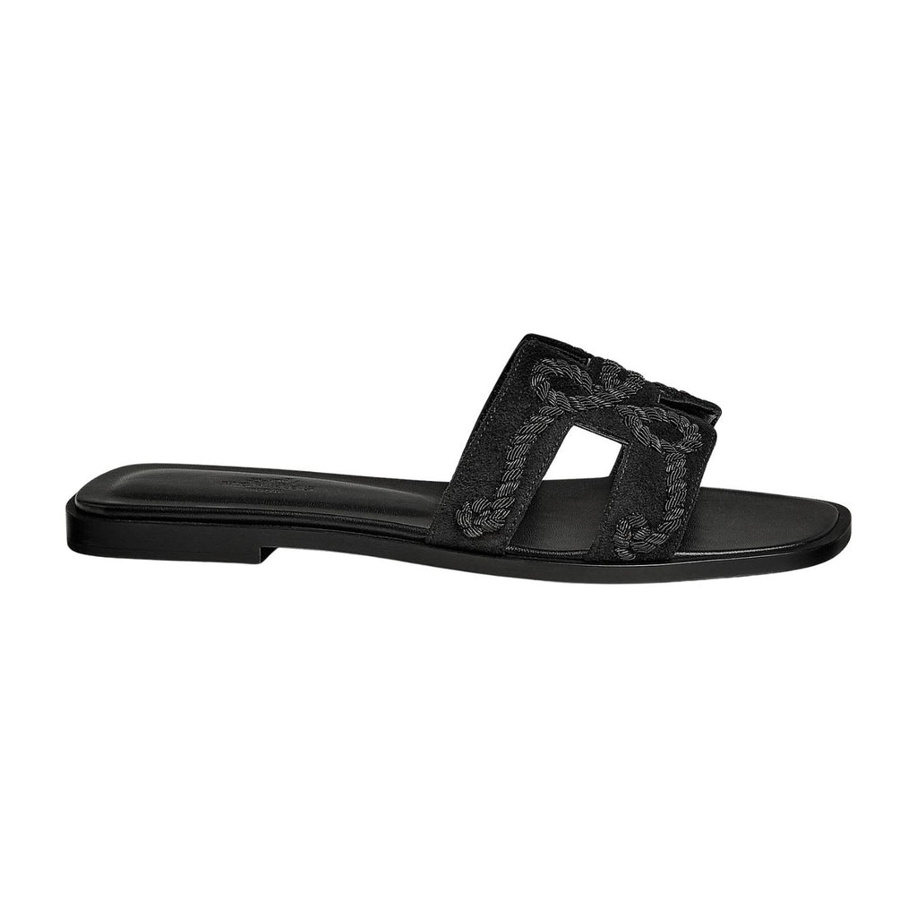 Hermes Oran Sandal Noir Box Suede Goatskin