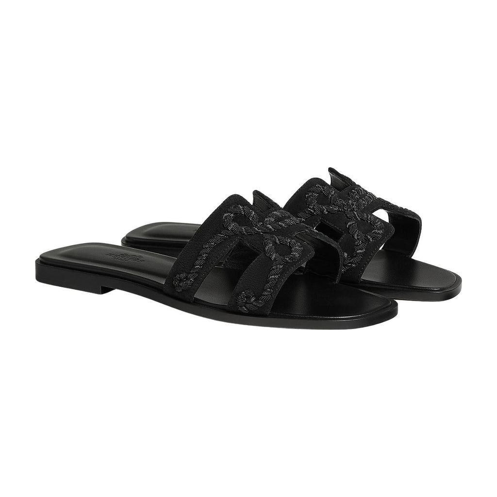 Hermes Oran Sandal Noir Box Suede Goatskin