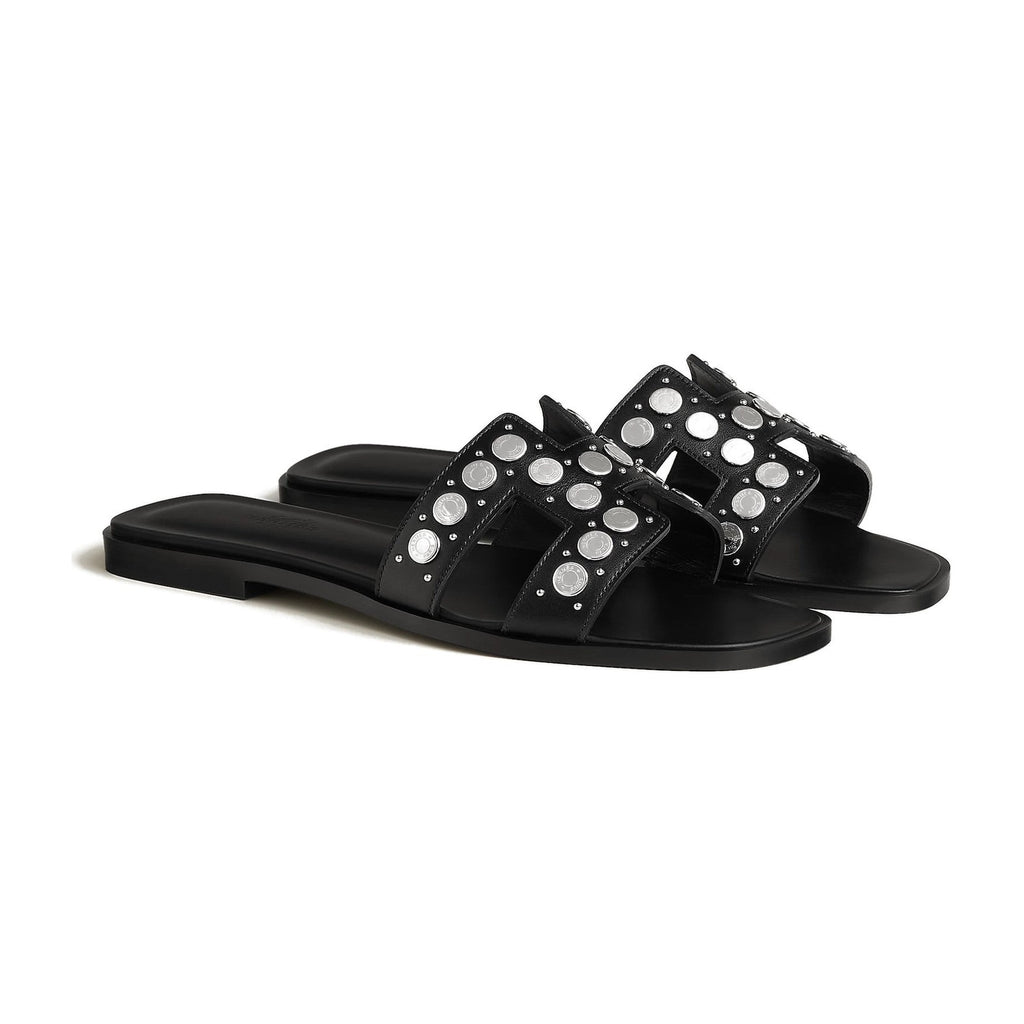 Hermes Oran Sandal Noir Box Suede Goatskin With Clou De Selle Studs