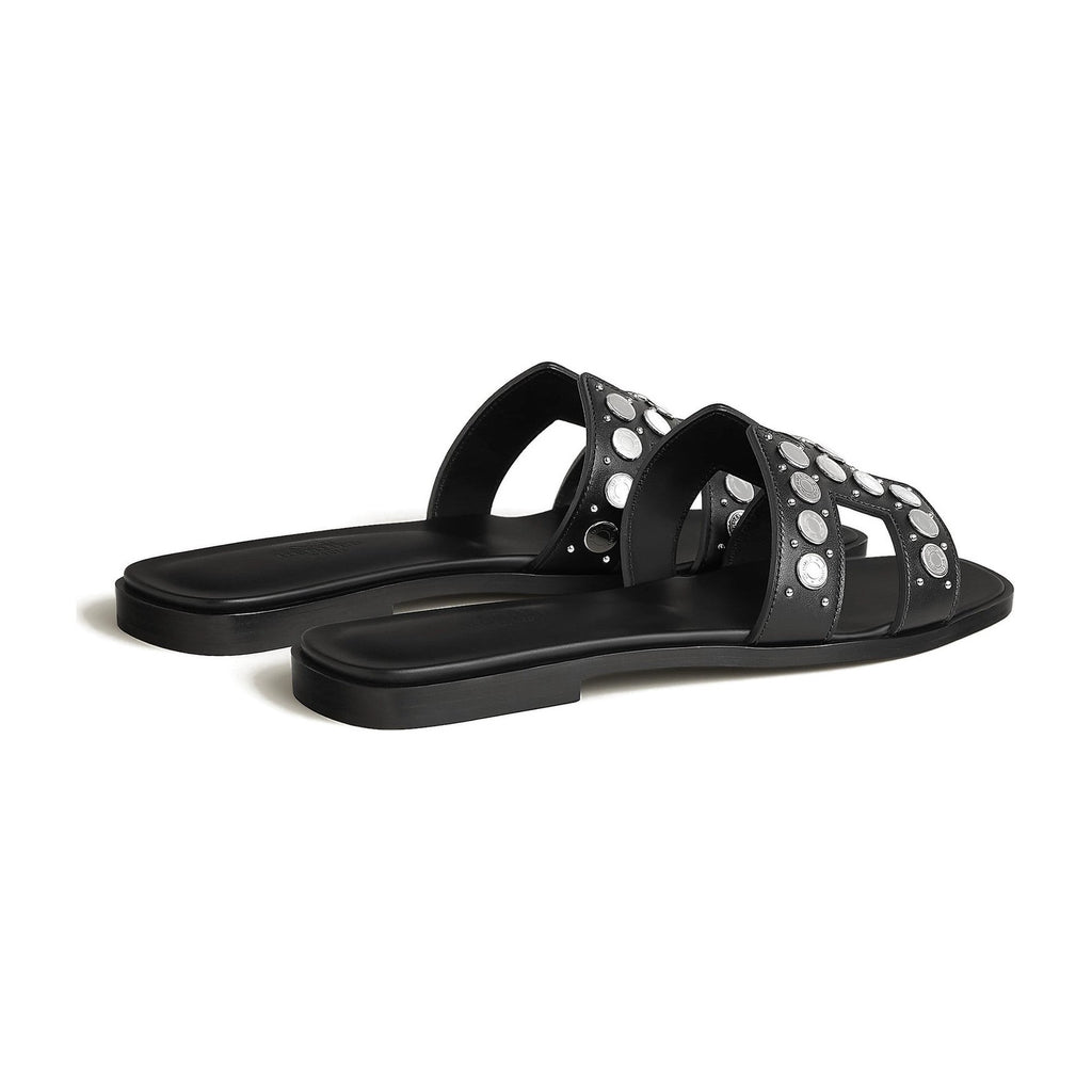 Hermes Oran Sandal Noir Box Suede Goatskin With Clou De Selle Studs