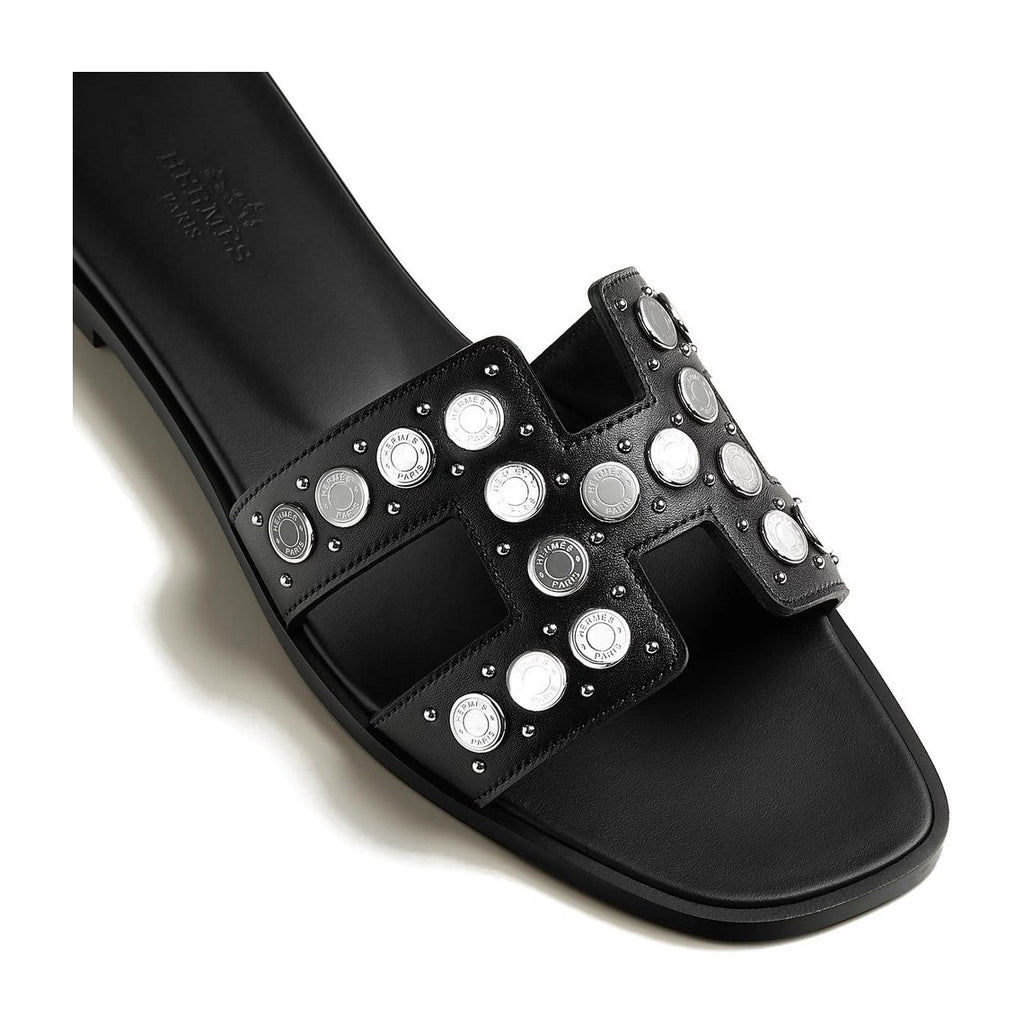 Hermes Oran Sandal Noir Box Suede Goatskin With Clou De Selle Studs