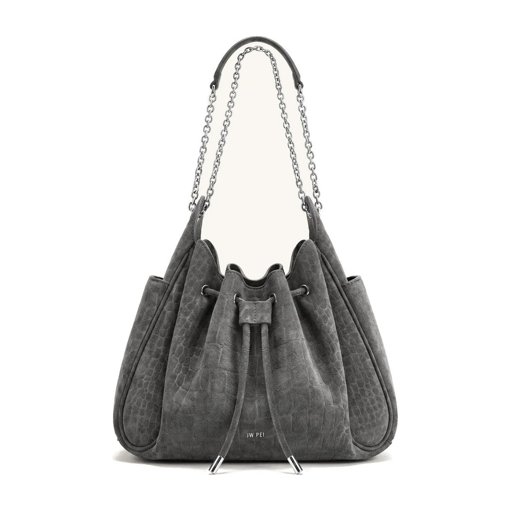 JW PEI Rowan Faux Suede Drawstring Chain Bucket Bag Smog Gray Croc