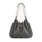 JW PEI Rowan Faux Suede Drawstring Chain Bucket Bag Smog Gray Croc
