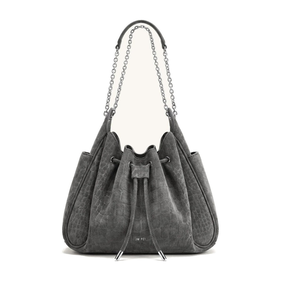 JW PEI Rowan Faux Suede Drawstring Chain Bucket Bag Smog Gray Croc
