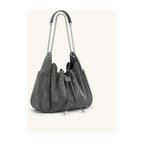 JW PEI Rowan Faux Suede Drawstring Chain Bucket Bag Smog Gray Croc
