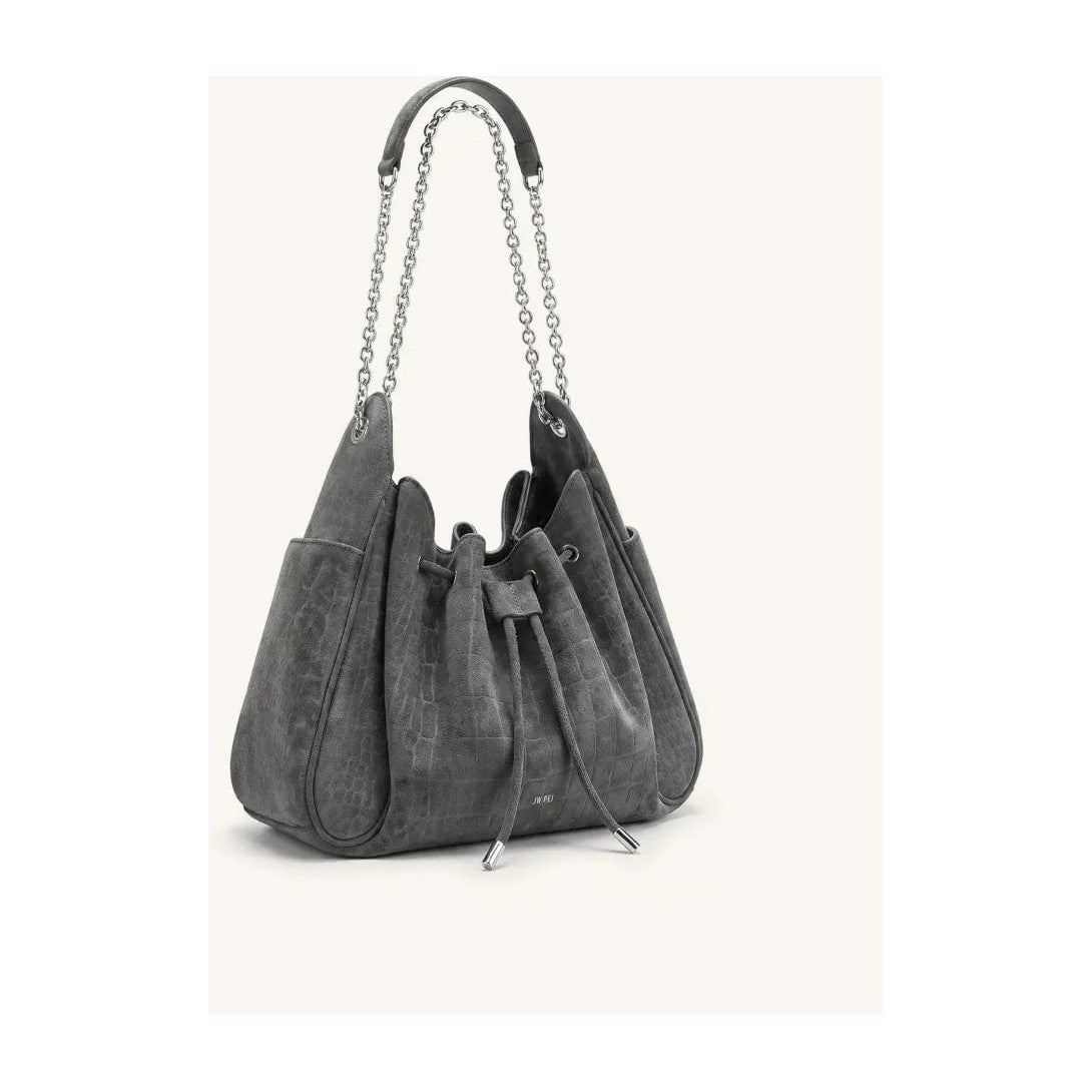 JW PEI Rowan Faux Suede Drawstring Chain Bucket Bag Smog Gray Croc