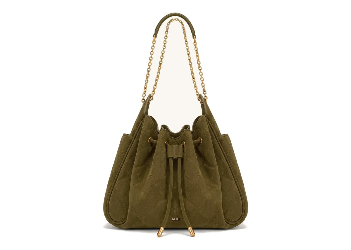 JW PEI Rowan Faux Suede Quilted Chain Bucket Bag Olive Green