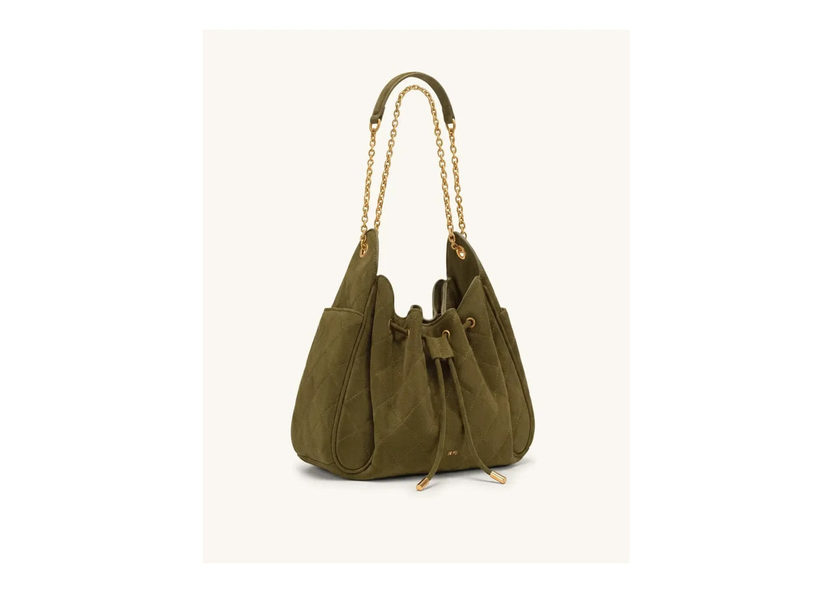 JW PEI Rowan Faux Suede Quilted Chain Bucket Bag Olive Green