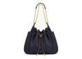 JW PEI Rowan Ruched Drawstring Chain Bucket Bag Black Blue Denim