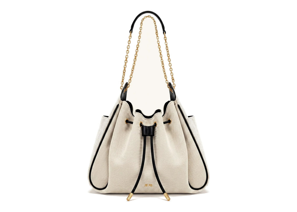 JW PEI Rowan Ruched Drawstring Chain Bucket Bag Black Canvas