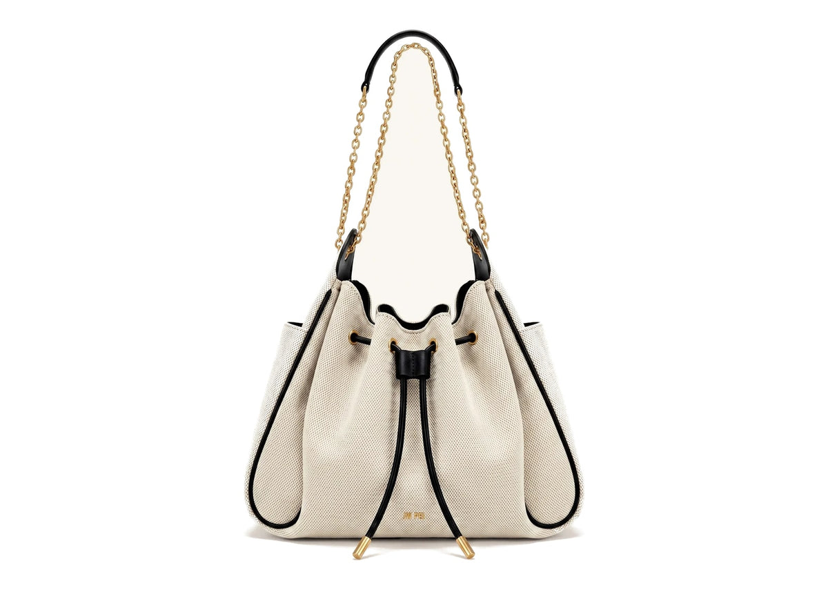 JW PEI Rowan Ruched Drawstring Chain Bucket Bag Black Canvas