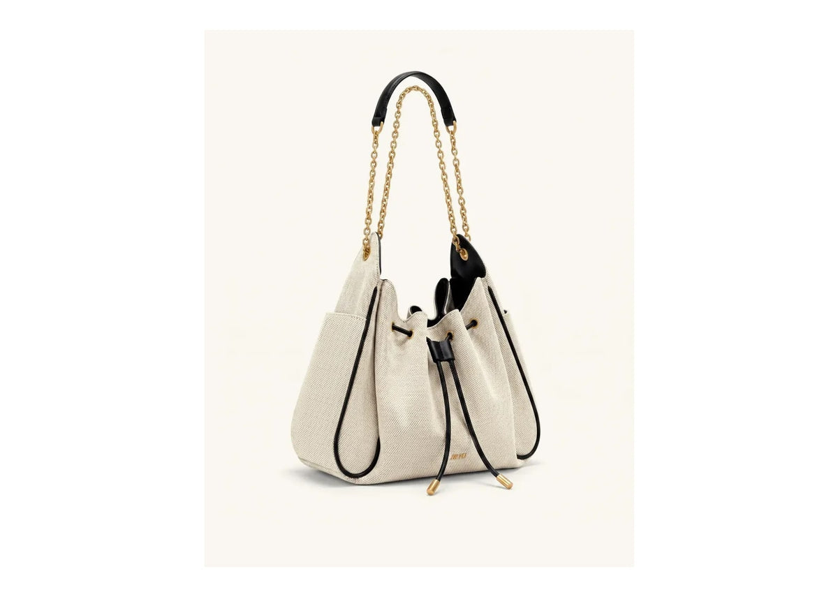 JW PEI Rowan Ruched Drawstring Chain Bucket Bag Black Canvas