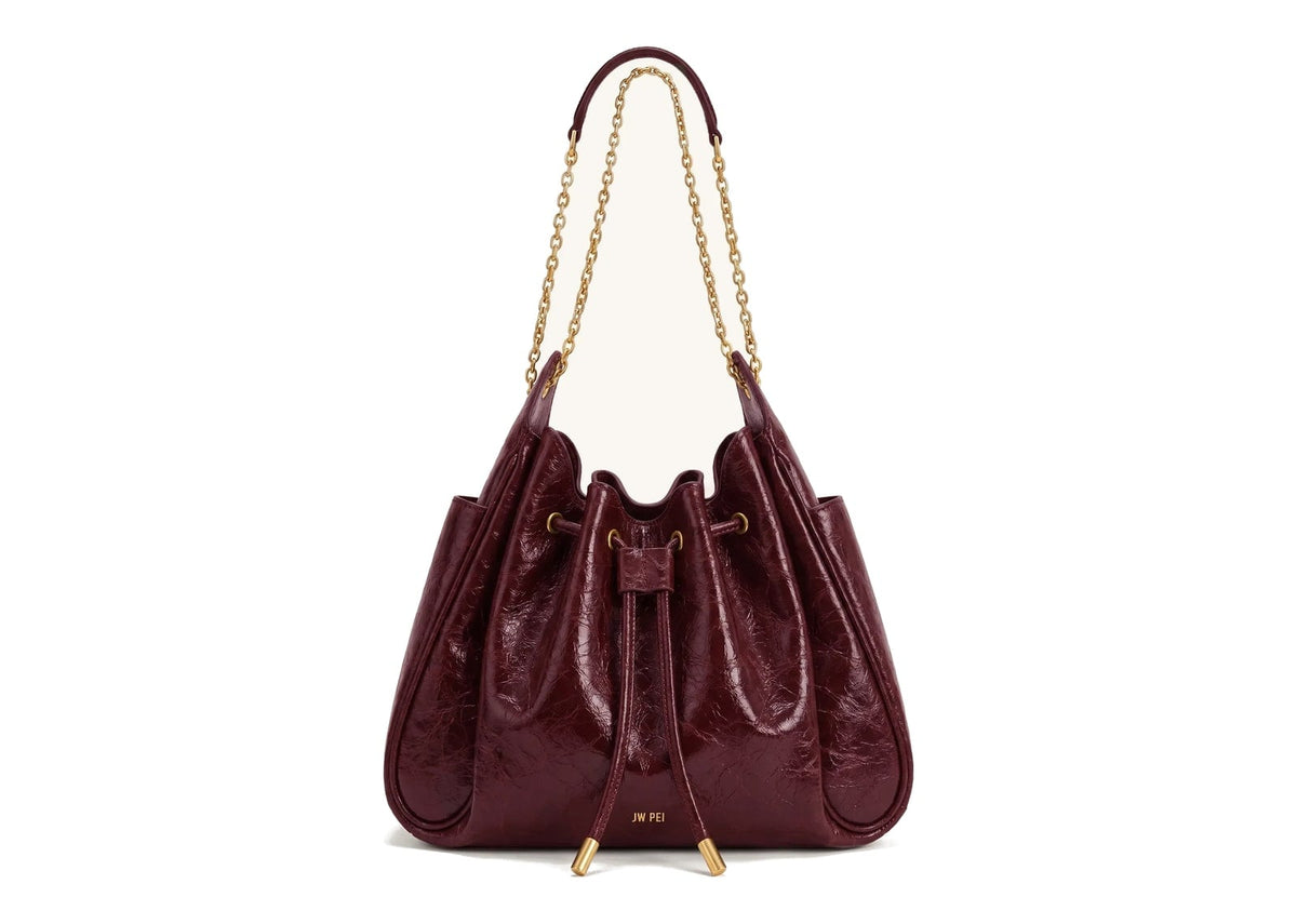 JW PEI Rowan Ruched Drawstring Chain Bucket Bag Vermilion Red