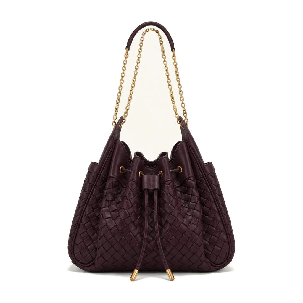 JW PEI Rowan Weaving Ruched Drawstring Chain Bucket Bag Dark Cherry