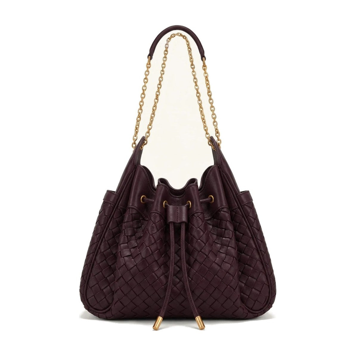 JW PEI Rowan Weaving Ruched Drawstring Chain Bucket Bag Dark Cherry
