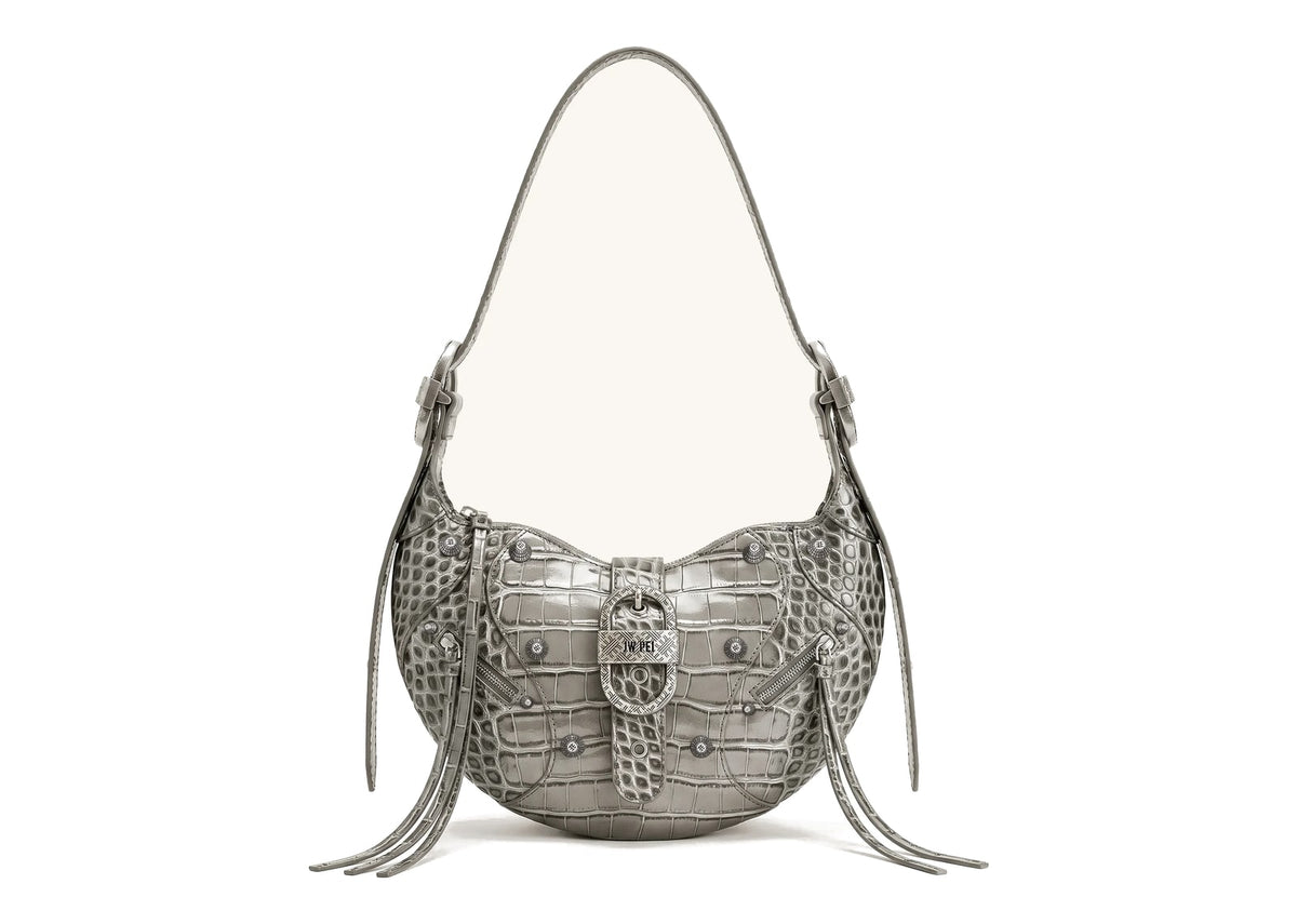 JW PEI Tessa Studded Shoulder Bag Cement Grey Croc