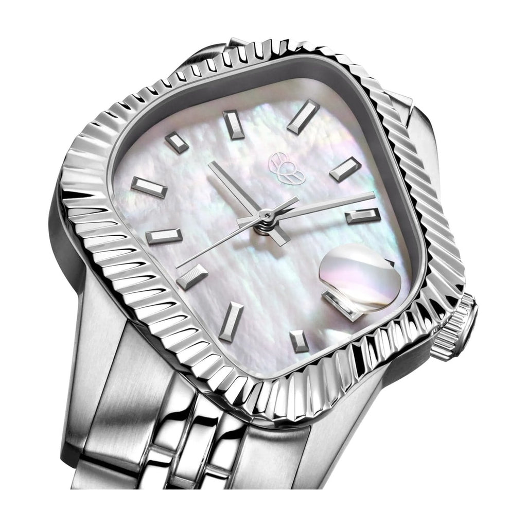 Laarvee Fluted Bezel Steel White Mother-of-Pearl